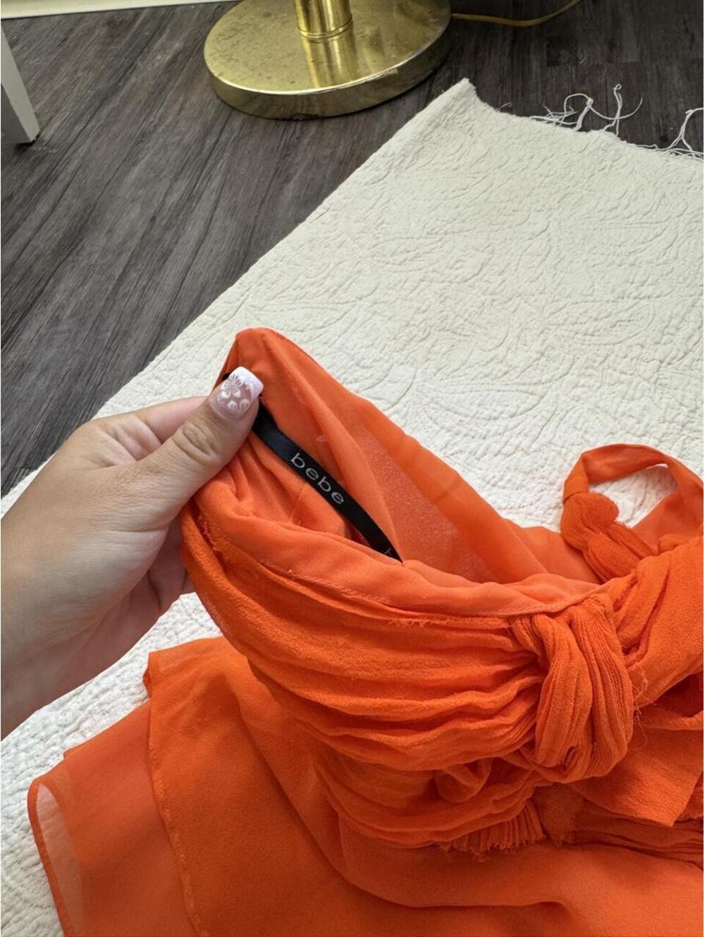 silk bebe orange one shoulder blouse with ruched detail - Picture 5 of 6